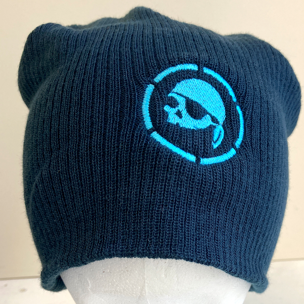 Beanie with embroidered logo off to one side.