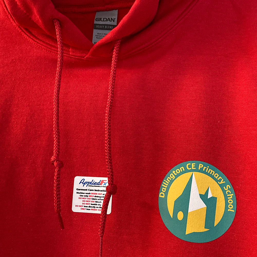 Dallington School crest as a heat-applied transfer onto hoodies.
