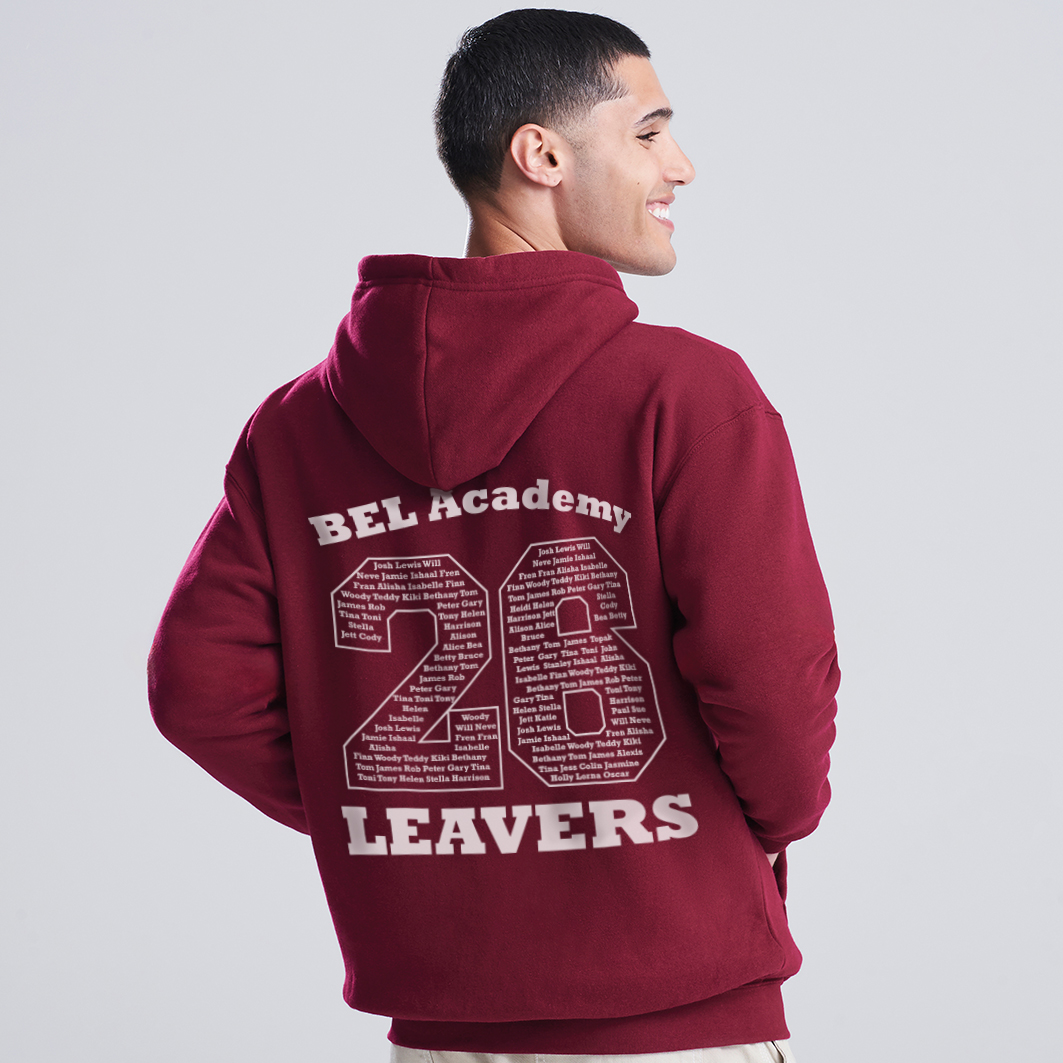 Leavers Hoodies with branding on back including date and names