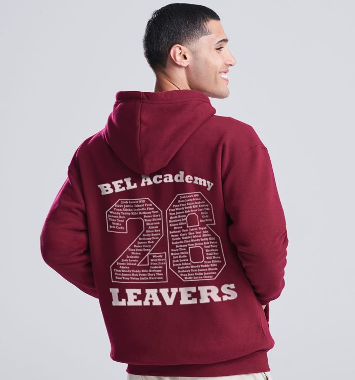Leavers Hoodies with branding on back including date and names